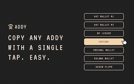 Addy Quick Wallet Copy from Chrome web store to be run with OffiDocs Chromium online Addy Quick Wallet Copy from Chrome web store to be run with OffiDocs Chromium online