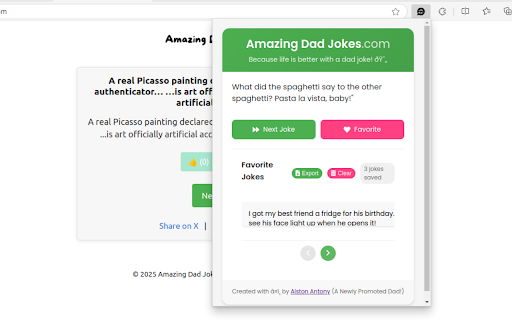 Amazing Dad Jokes from Chrome web store to be run with OffiDocs Chromium online Amazing Dad Jokes from Chrome web store to be run with OffiDocs Chromium online