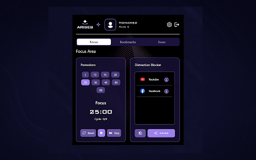 Arises Pomodoro timer, Distraction blocker and more from Chrome web store to be run with OffiDocs Chromium online Arises Pomodoro timer, Distraction blocker and more from Chrome web store to be run with OffiDocs Chromium online