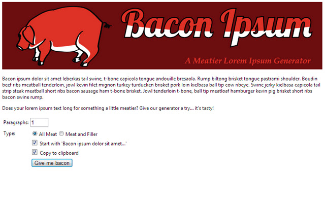 Bacon Ipsum from Chrome web store to be run with OffiDocs Chromium online Bacon Ipsum from Chrome web store to be run with OffiDocs Chromium online