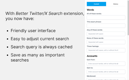 Better Twitter/X Search from Chrome web store to be run with OffiDocs Chromium online Better Twitter/X Search from Chrome web store to be run with OffiDocs Chromium online