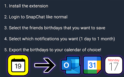 Birthday Export for Snapchat from Chrome web store to be run with OffiDocs Chromium online Birthday Export for Snapchat from Chrome web store to be run with OffiDocs Chromium online