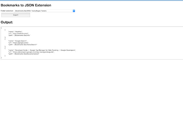 Bookmarks to JSON from Chrome web store to be run with OffiDocs Chromium online Bookmarks to JSON from Chrome web store to be run with OffiDocs Chromium online