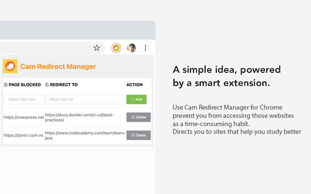 Cam Redirect Manager from Chrome web store to be run with OffiDocs Chromium online Cam Redirect Manager from Chrome web store to be run with OffiDocs Chromium online