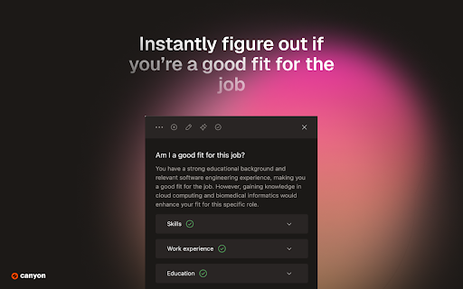 Canyon: AI Job Application and Resume Builder from Chrome web store to be run with OffiDocs Chromium online Canyon: AI Job Application and Resume Builder from Chrome web store to be run with OffiDocs Chromium online