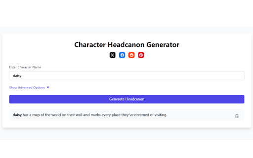 Character Headcanon Generator from Chrome web store to be run with OffiDocs Chromium online Character Headcanon Generator from Chrome web store to be run with OffiDocs Chromium online