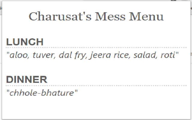 Charusat Mess Menu from Chrome web store to be run with OffiDocs Chromium online Charusat Mess Menu from Chrome web store to be run with OffiDocs Chromium online