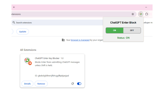 ChatGPT Enter Key Blocker from Chrome web store to be run with OffiDocs Chromium online ChatGPT Enter Key Blocker from Chrome web store to be run with OffiDocs Chromium online