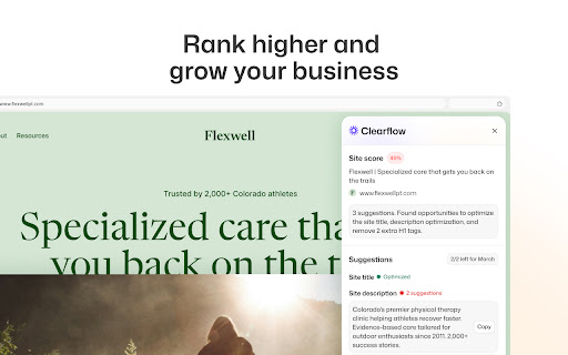 Clearflow SEO Optimizer from Chrome web store to be run with OffiDocs Chromium online Clearflow SEO Optimizer from Chrome web store to be run with OffiDocs Chromium online