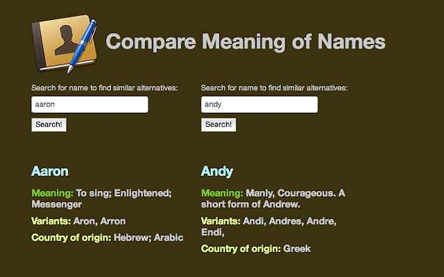 Compare Meaning of Names from Chrome web store to be run with OffiDocs Chromium online Compare Meaning of Names from Chrome web store to be run with OffiDocs Chromium online
