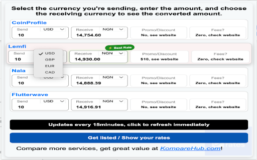 Compare Remittance Rates from Chrome web store to be run with OffiDocs Chromium online Compare Remittance Rates from Chrome web store to be run with OffiDocs Chromium online