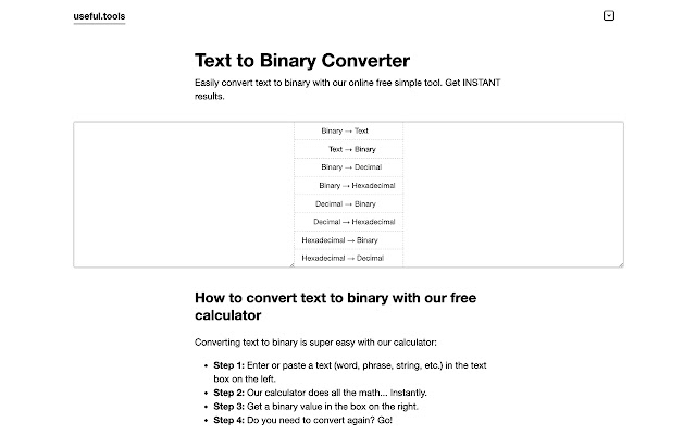 Convert Text to Binary Online Converter from Chrome web store to be run with OffiDocs Chromium online Convert Text to Binary Online Converter from Chrome web store to be run with OffiDocs Chromium online