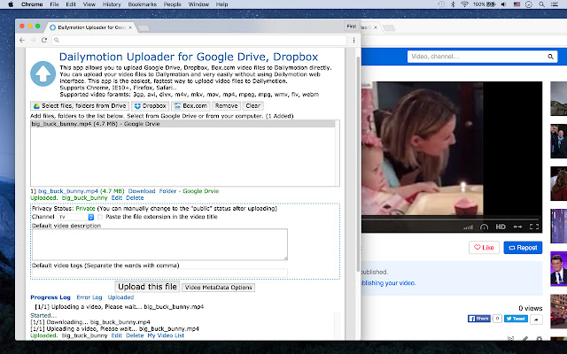 Dailymotion Uploader for Drive, Dropbox from Chrome web store to be run with OffiDocs Chromium online Dailymotion Uploader for Drive, Dropbox from Chrome web store to be run with OffiDocs Chromium online