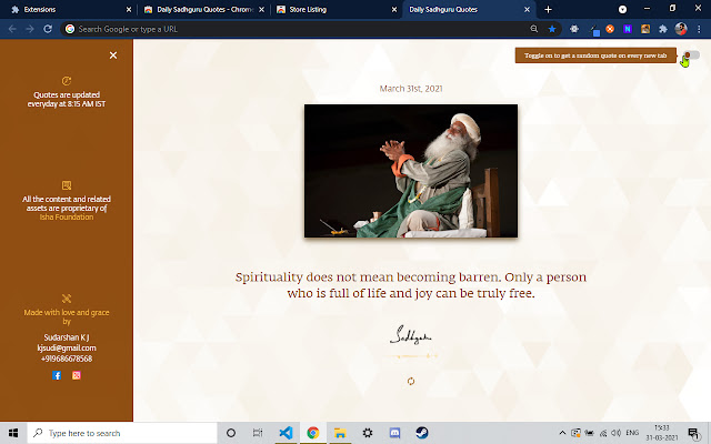 Daily Sadhguru Quotes from Chrome web store to be run with OffiDocs Chromium online Daily Sadhguru Quotes from Chrome web store to be run with OffiDocs Chromium online