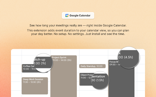 Event Meeting Duration for Google Calendar™ from Chrome web store to be run with OffiDocs Chromium online Event Meeting Duration for Google Calendar™ from Chrome web store to be run with OffiDocs Chromium online