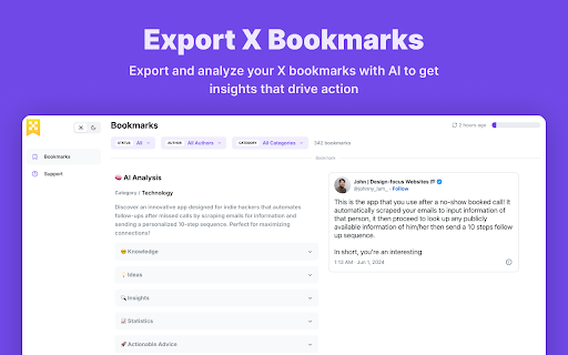 Export X Bookmarks from Chrome web store to be run with OffiDocs Chromium online Export X Bookmarks from Chrome web store to be run with OffiDocs Chromium online