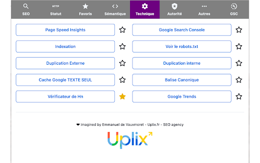 Extension SEO Chrome by Uplix.fr from Chrome web store to be run with OffiDocs Chromium online Extension SEO Chrome by Uplix.fr from Chrome web store to be run with OffiDocs Chromium online
