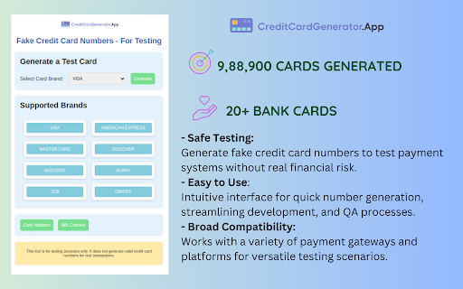 Fake Credit Card Numbers For Testing from Chrome web store to be run with OffiDocs Chromium online Fake Credit Card Numbers For Testing from Chrome web store to be run with OffiDocs Chromium online
