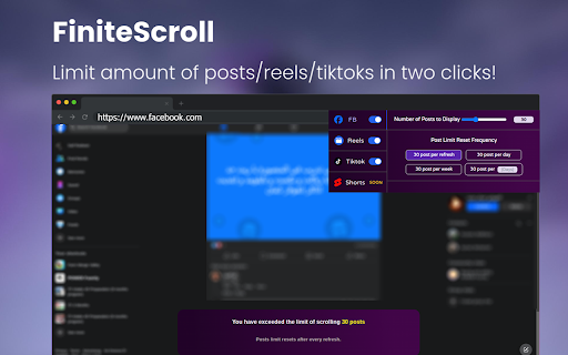 FiniteScroll Limit infinite scrolling on social media from Chrome web store to be run with OffiDocs Chromium online FiniteScroll Limit infinite scrolling on social media from Chrome web store to be run with OffiDocs Chromium online