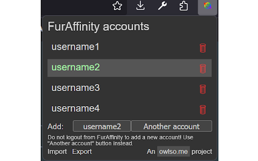 FurAffinity Account Switcher from Chrome web store to be run with OffiDocs Chromium online FurAffinity Account Switcher from Chrome web store to be run with OffiDocs Chromium online