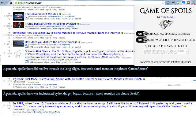 GameofSpoils: Game of Thrones Spoiler Blocker from Chrome web store to be run with OffiDocs Chromium online GameofSpoils: Game of Thrones Spoiler Blocker from Chrome web store to be run with OffiDocs Chromium online