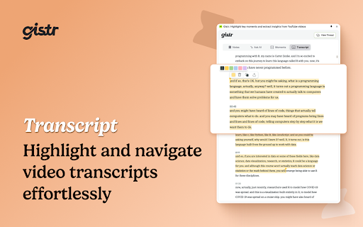 Gistr: Highlight, Take notes Ask AI on YouTube from Chrome web store to be run with OffiDocs Chromium online Gistr: Highlight, Take notes Ask AI on YouTube from Chrome web store to be run with OffiDocs Chromium online