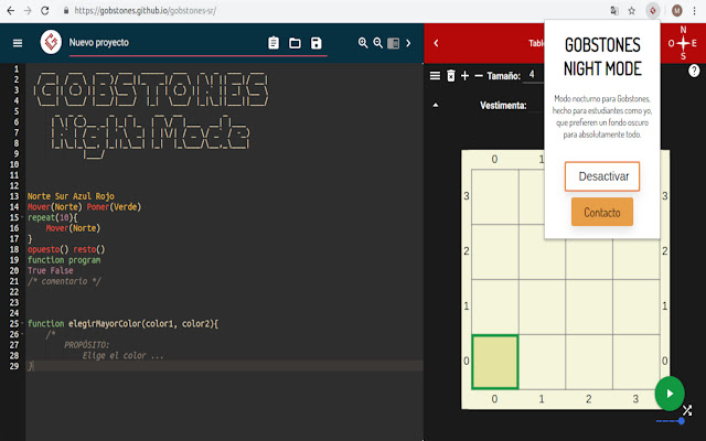 Gobstones Night Mode from Chrome web store to be run with OffiDocs Chromium online Gobstones Night Mode from Chrome web store to be run with OffiDocs Chromium online