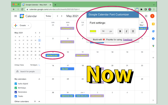 Google Calendar Font Customizer from Chrome web store to be run with OffiDocs Chromium online Google Calendar Font Customizer from Chrome web store to be run with OffiDocs Chromium online