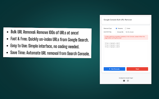 Google Search Console Bulk URL Removal Un Indexing Request from Chrome web store to be run with OffiDocs Chromium online Google Search Console Bulk URL Removal Un Indexing Request from Chrome web store to be run with OffiDocs Chromium online