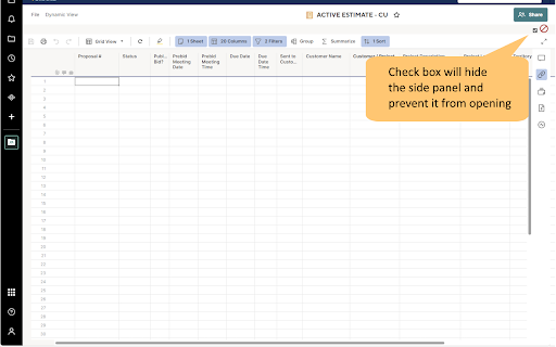 Hide Smartsheet Side Panels from Chrome web store to be run with OffiDocs Chromium online Hide Smartsheet Side Panels from Chrome web store to be run with OffiDocs Chromium online