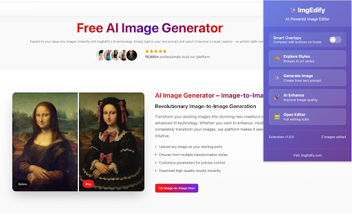 ImgEdify AI Image Generator and Editor from Chrome web store to be run with OffiDocs Chromium online ImgEdify AI Image Generator and Editor from Chrome web store to be run with OffiDocs Chromium online