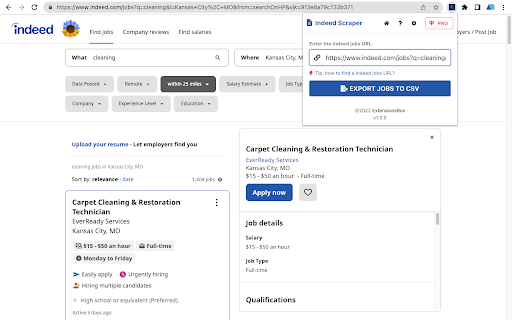 Indeed Scraper from Chrome web store to be run with OffiDocs Chromium online Indeed Scraper from Chrome web store to be run with OffiDocs Chromium online