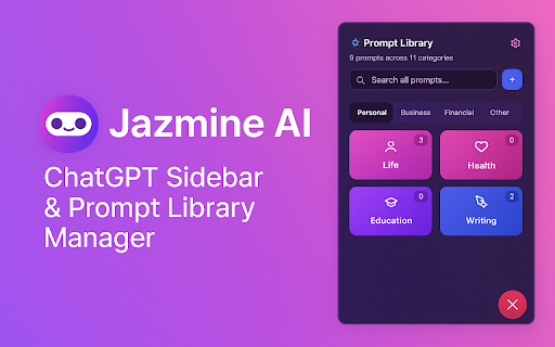 Jazmine AI – ChatGPT Sidebar with Prompt Library Manager from Chrome web store to be run with OffiDocs Chromium online Jazmine AI – ChatGPT Sidebar with Prompt Library Manager from Chrome web store to be run with OffiDocs Chromium online