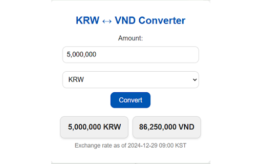 KRW ↔ VND Converter from Chrome web store to be run with OffiDocs Chromium online KRW ↔ VND Converter from Chrome web store to be run with OffiDocs Chromium online