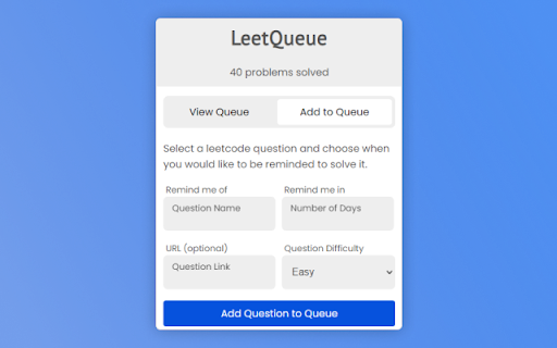 LeetQueue from Chrome web store to be run with OffiDocs Chromium online LeetQueue from Chrome web store to be run with OffiDocs Chromium online