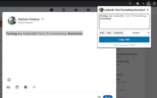 LinkedIn Text Formatting Assistant from Chrome web store to be run with OffiDocs Chromium online LinkedIn Text Formatting Assistant from Chrome web store to be run with OffiDocs Chromium online
