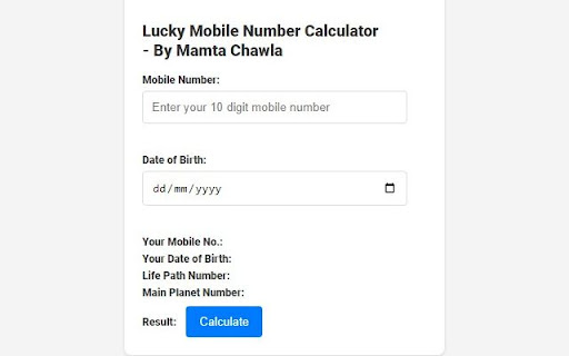 Lucky Mobile Number Calculator by Mamta Chawla from Chrome web store to be run with OffiDocs Chromium online Lucky Mobile Number Calculator by Mamta Chawla from Chrome web store to be run with OffiDocs Chromium online