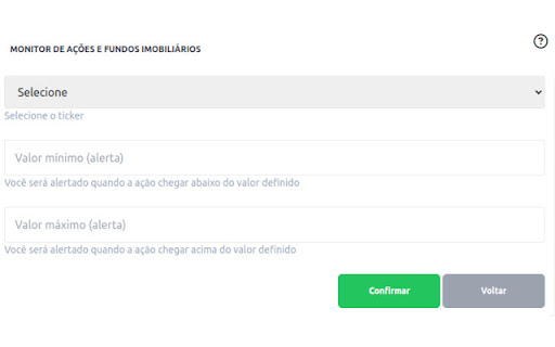 Monitor de Ações e Fundos Imobiliários from Chrome web store to be run with OffiDocs Chromium online Monitor de Ações e Fundos Imobiliários from Chrome web store to be run with OffiDocs Chromium online