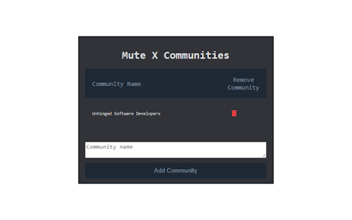 Mute X Communities from Chrome web store to be run with OffiDocs Chromium online Mute X Communities from Chrome web store to be run with OffiDocs Chromium online