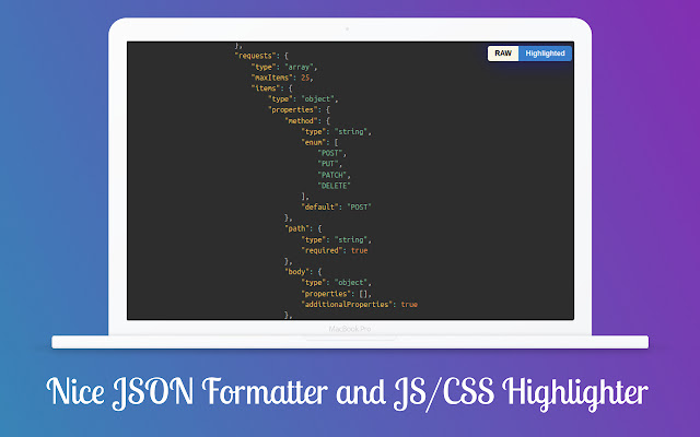 Nice JSON Formatter and JS/CSS Highlighter from Chrome web store to be run with OffiDocs Chromium online Nice JSON Formatter and JS/CSS Highlighter from Chrome web store to be run with OffiDocs Chromium online