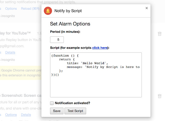 Notify by Script from Chrome web store to be run with OffiDocs Chromium online Notify by Script from Chrome web store to be run with OffiDocs Chromium online
