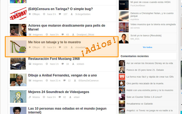 Ocultar posts no deseados en taringa from Chrome web store to be run with OffiDocs Chromium online Ocultar posts no deseados en taringa from Chrome web store to be run with OffiDocs Chromium online