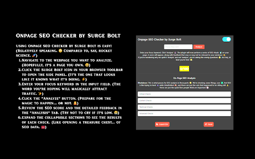 Onpage SEO Checker by Surge Bolt from Chrome web store to be run with OffiDocs Chromium online Onpage SEO Checker by Surge Bolt from Chrome web store to be run with OffiDocs Chromium online