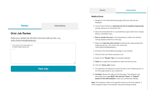 Oriel Job Ranker from Chrome web store to be run with OffiDocs Chromium online Oriel Job Ranker from Chrome web store to be run with OffiDocs Chromium online
