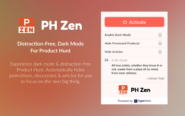 PH Zen: Distraction Free Product Hunt from Chrome web store to be run with OffiDocs Chromium online PH Zen: Distraction Free Product Hunt from Chrome web store to be run with OffiDocs Chromium online