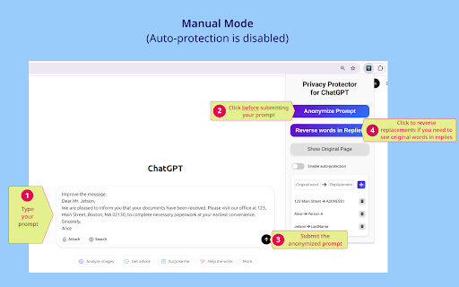 Privacy Protector for ChatGPT from Chrome web store to be run with OffiDocs Chromium online Privacy Protector for ChatGPT from Chrome web store to be run with OffiDocs Chromium online