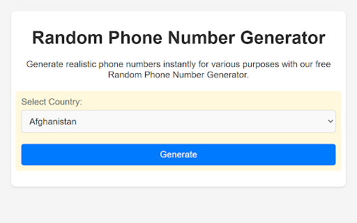 Random Phone Number Generator from Chrome web store to be run with OffiDocs Chromium online Random Phone Number Generator from Chrome web store to be run with OffiDocs Chromium online
