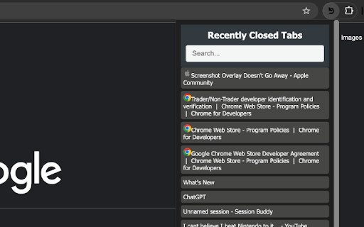 Recently Closed Tabs from Chrome web store to be run with OffiDocs Chromium online Recently Closed Tabs from Chrome web store to be run with OffiDocs Chromium online
