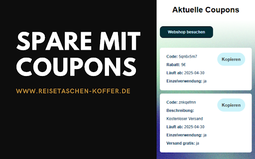 Reisetaschen und Koffer Coupons from Chrome web store to be run with OffiDocs Chromium online Reisetaschen und Koffer Coupons from Chrome web store to be run with OffiDocs Chromium online