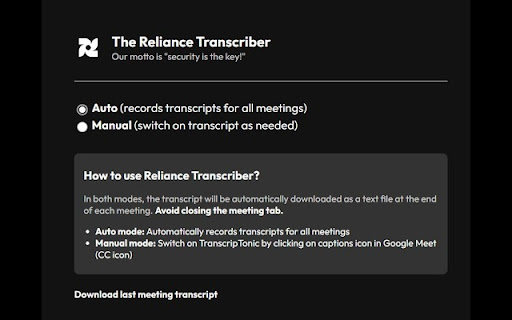 Reliance Transriptor from Chrome web store to be run with OffiDocs Chromium online Reliance Transriptor from Chrome web store to be run with OffiDocs Chromium online